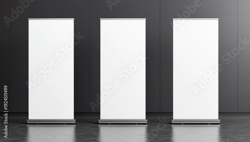 Three Blank roll up banner display. Template mockup. 3d render