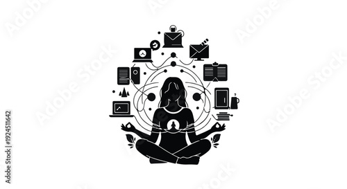 woman meditating surrounded by social media icons and technology