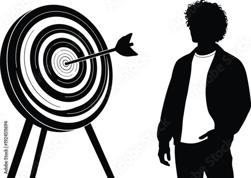 Black and white target achievement silhouette illustration showing arrow hitting bullseye beside confident person, success goal motivation concept vector design for business strategy 
