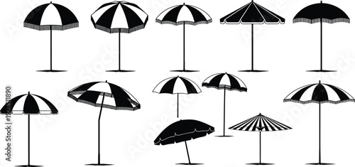 Black beach umbrella and parasol silhouette set with various designs, isolated on white background, flat vector illustration for summer resort outdoor design use