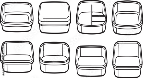 A variety of plastic containers with different shapes and sizes for food storage Vector