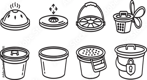 Assorted kitchen containers and their lids in a variety of shapes and sizes Vector