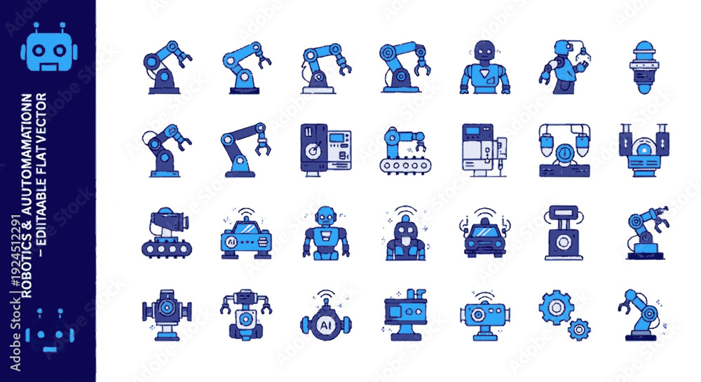 Fototapeta premium Collection of blue robotic automation icons machinery and technology symbols on white background representing industry and innovation