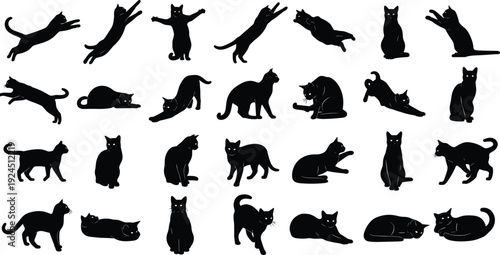 Black cat silhouette icon set, playful jumping sitting sleeping feline poses collection, pet animal symbols, minimalist flat vector illustration isolated on white background