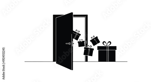 gifts pouring out of open door, presents spilling out