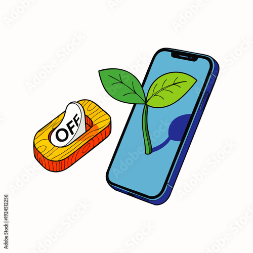 Smartphone screen displays a growing green plant sprout, with a power switch turned to OFF, symbolizing eco-friendly technology and sustainability.