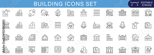 Minimal outline building icon set featuring residential houses, commercial properties, landmarks, real estate and urban architecture symbols for web, app, UI and infographic design.