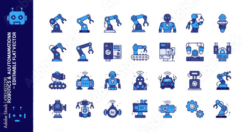 Collection of blue robotic automation icons machinery and technology symbols on white background representing industry and innovation