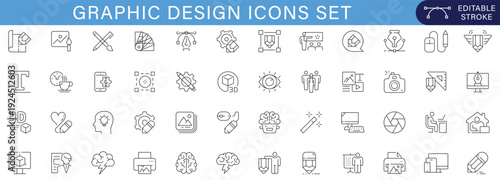 A comprehensive graphic design icon set featuring creative tools, branding elements, illustration concepts, typography symbols, and modern design workflow visuals for digital and print projects.