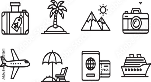Vacation icons showing various travel and leisure activities Vector