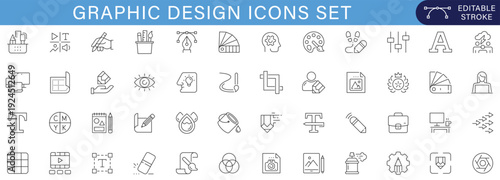 A comprehensive graphic design icon set featuring creative tools, branding elements, illustration concepts, typography symbols, and modern design workflow visuals for digital and print projects.