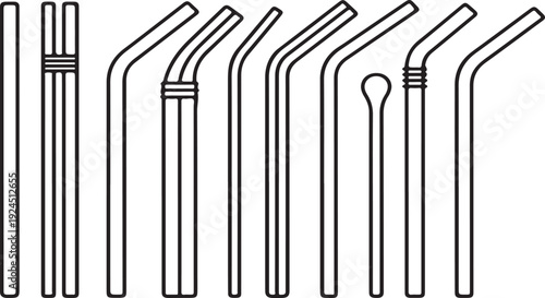 A variety of different types of metal straws and stirrers displayed in a row Vector