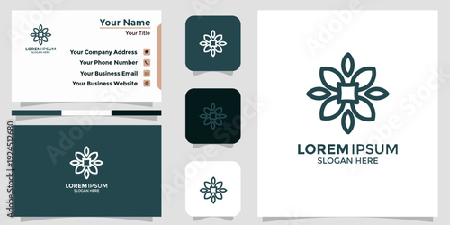 Minimalist floral logo and branding mockup with business card and icons