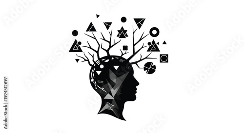 Black silhouette of a human head with geometric shapes and symbols emerging from it