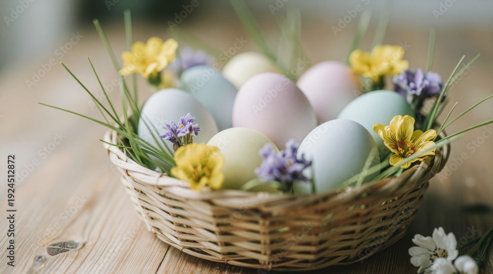 Obraz premium Colorful pastel Easter eggs in a woven basket surrounded by flowers and grass, celebrating springtime and holiday traditions in a cozy indoor setting.