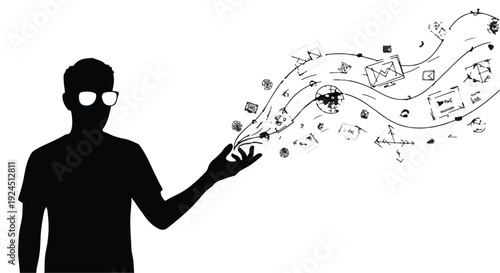 man with virtual reality glasses and digital icons