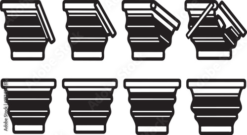 A collection of variously shaped and stacked black and white containers Vector