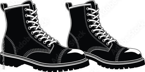 Black combat boots vector illustration, classic lace up leather footwear pair isolated on white background for fashion design, apparel branding, and ecommerce projects