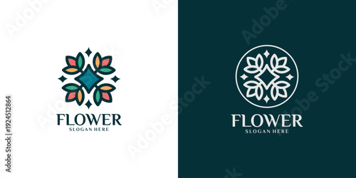 Elegant floral logo design featuring a stylized flower with surrounding leaves and a modern font for the word 'Flower' and 'Slogan Here'