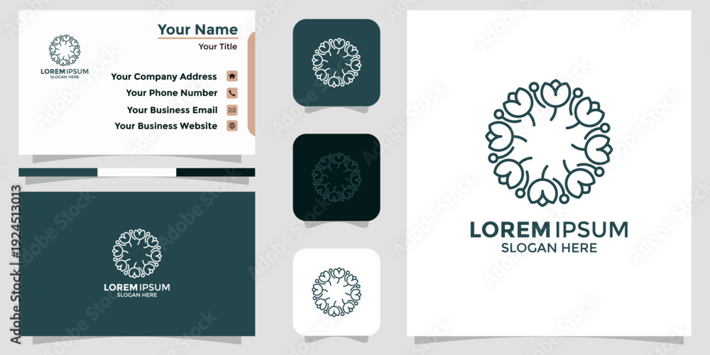 Fototapeta premium Elegant abstract floral line art logo design and complete business card template presentation, perfect for corporate identity branding and modern professional visual assets