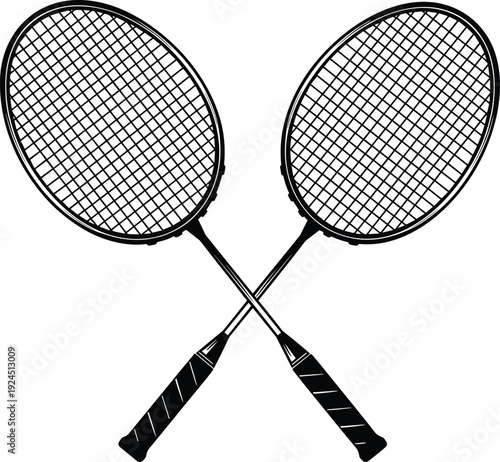Black crossed badminton rackets detailed vector illustration, isolated sports equipment design for training, competition, athletic themes, clean monochrome style, high-quality artwork