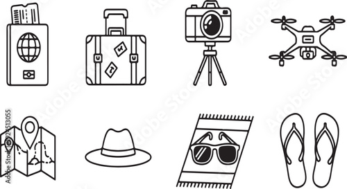 Assorted travel and adventure items displayed in a grid format Vector