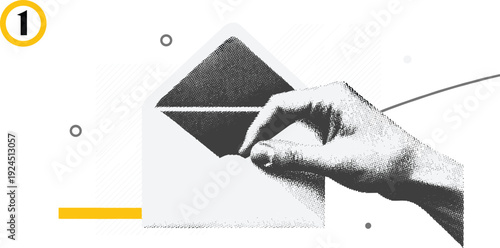 Hand placing ballot into voting box vector illustration with halftone texture, political election concept, and minimalist monochrome graphic design
