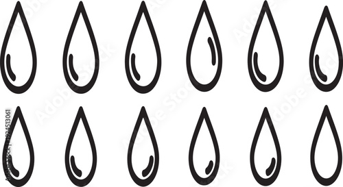 Eight black and white water droplets in varying states of fullness Vector