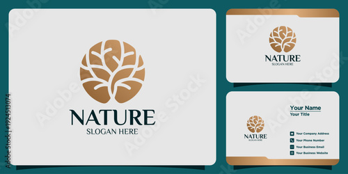 Elegant Golden Nature Tree Logo Design Concept Applied to Professional Business Cards, Showcasing Sophisticated Branding for Eco-Friendly Businesses and Organic Ventures