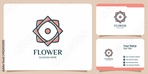 Elegant and Modern Geometric Flower Logo Design Concept with Matching Professional Business Cards for Comprehensive Brand Identity and Corporate Stationery