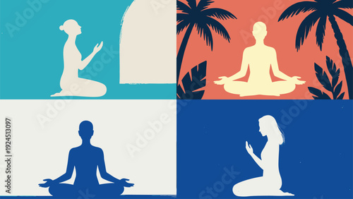Meditation and prayer silhouette vector set with women and men in yoga lotus pose, spiritual reflection scenes, and minimalist flat background compositionsMeditation and prayer silhouette vector