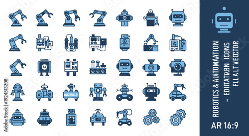 Collection of blue robotics and automation icons machinery gears and mechanical parts in flat design on white background editable vector