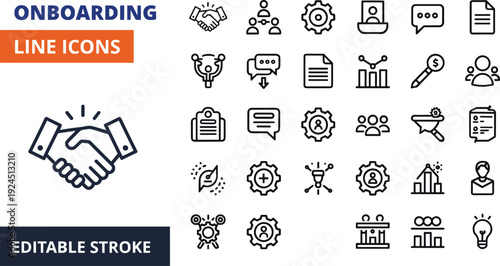 Onboarding line icon set with editable stroke for HR, employee training, recruitment, user onboarding, workflow and UI maps, scalable vector symbols collection