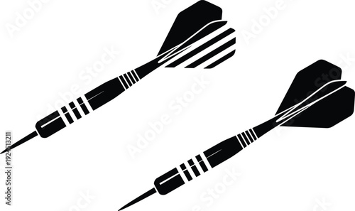 Black darts silhouette icon set isolated on white background, professional steel tip dart illustration for sports, target games, competition, accuracy, and recreational design use.