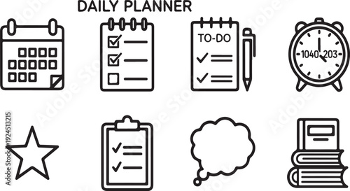 A collection of icons representing daily planning and organization tools Vector