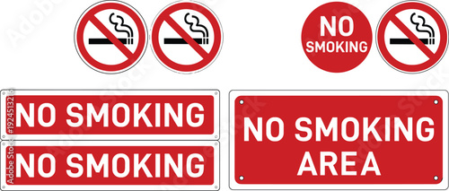 No smoking signs and prohibition symbols vector set for workplace and public safety: red circular badges, rectangular panels, regulatory compliance SVG illustrations