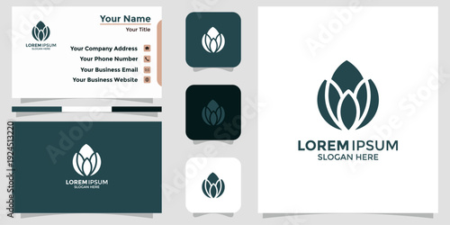Elegant minimalist floral logo design concept featuring a stylized lotus flower, presented with a matching professional business card for modern branding and corporate identity solution