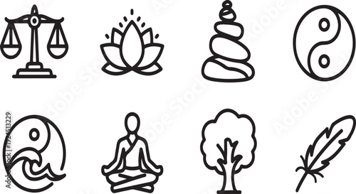 Symbols representing balance, meditation, nature, and spirituality Vector