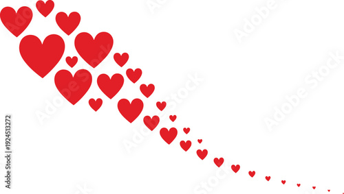 Red heart trail illustration with multiple love symbols arranged diagonally from large to small on white background