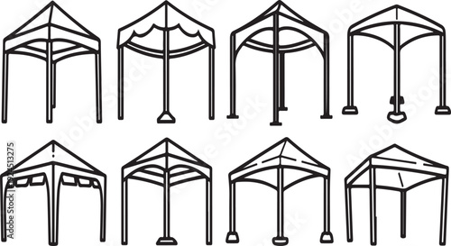 Eight different types of metal frame structures used for tents and canopies Vector