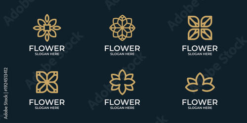 Collection of elegant golden flower logos with a minimalist design for branding and design projects