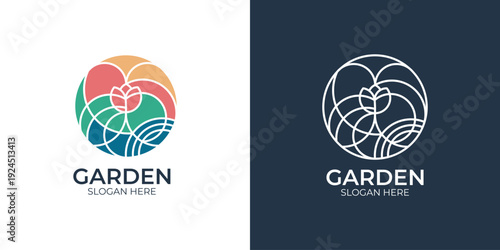 Abstract Circular Garden Logo with Floral and Leaf Elements - Vibrant and Clean Design