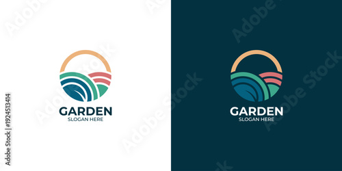 Modern logo design depicting stylized rolling fields and a radiant sun within a circular frame, symbolizing sustainable agriculture, natural growth, and ecological harmony