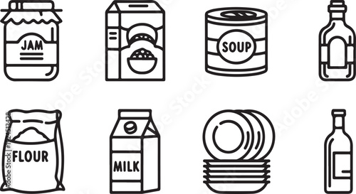 A collection of various food and drink items displayed in a linear format Vector