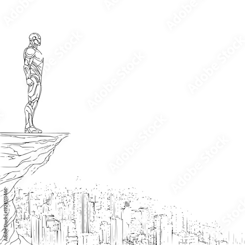 Man Standing on Cliff Edge Overlooking Cityscape