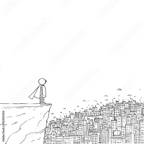 Superhero Standing on Cliff Edge Overlooking Cityscape