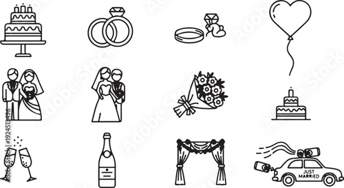 Various symbols representing different aspects of weddings and celebrations Vector