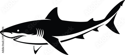 Black silhouette of a great white shark swimming, predatory sea creature vector icon, marine life illustration for aquatic sports logo.