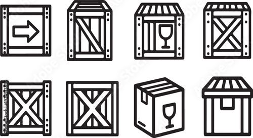 Assorted crates and boxes with various symbols and designs. Vector