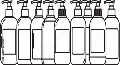 Seven bottles with pump dispensers lined up in a row Vector